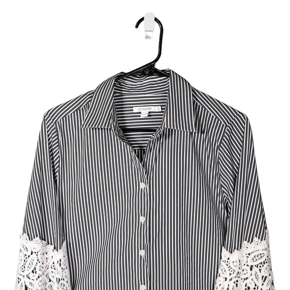 Chico's Womens Shirt Button Up Gray White Striped Lace Stretch Blouse Top 1.5/10 - Picture 4 of 8